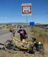 GDMBR: Terry Struck and the Bee are in front of the Historic Route 66 marker.